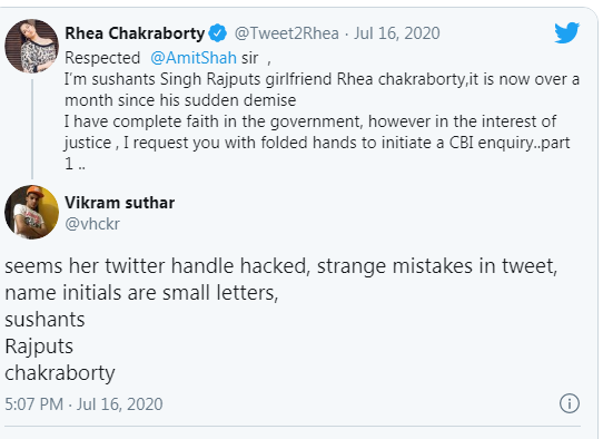 rhea chakraborty twitter hacked