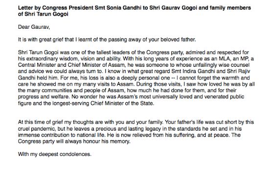 Sonia Gandhi letter on Tarun Gogoi death