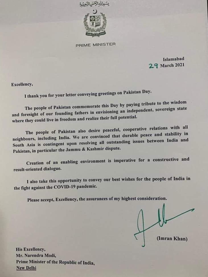 Pakistan PM Imran Khan writes