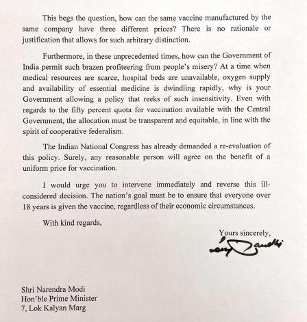 Sonia gandhi letter to pm modi