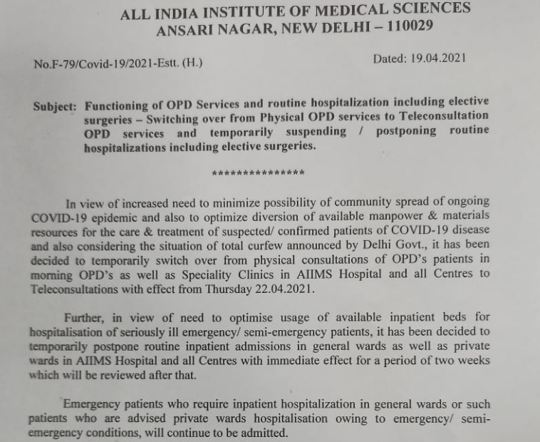 aiims opd closed due to covid 19