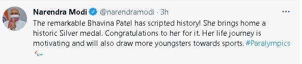PM Modi congratulates Bhavinaben Patel