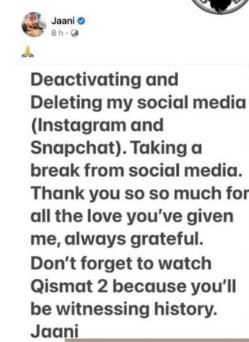 jaani delete his social media account