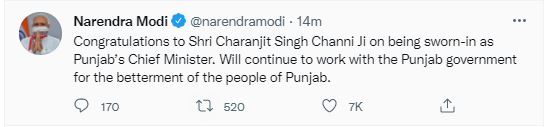 PM Modi congratulates Charanjit singh channi