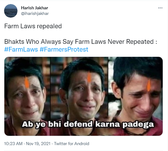 social media reaction on farm laws repeal