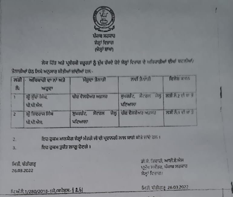 Transfer of Patiala Central