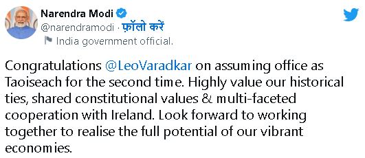 PM Modi congratulates Leo Varadkar
