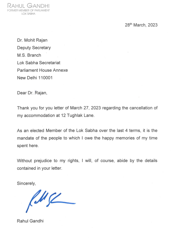 Rahul Gandhi replies to Lok Sabha notice